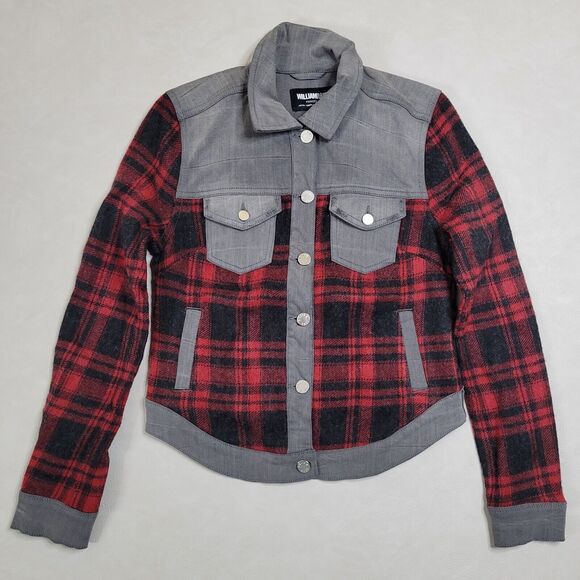 William Rast Motocross Flannel Denim Jacket Womens Red Black Plaid Cowgirl Med - Picture 1 of 13